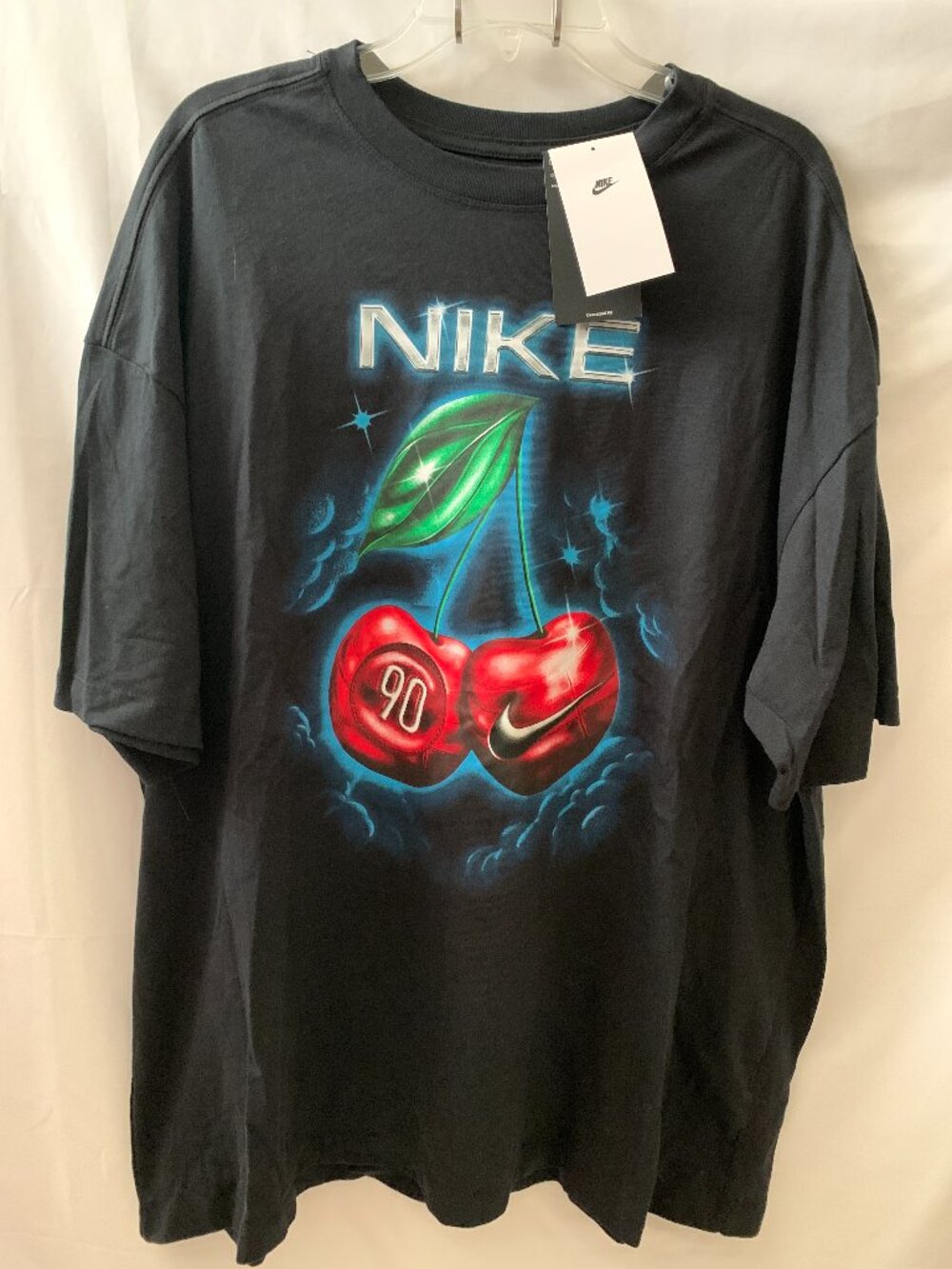 NIKE SPORTSWEAR Airbrushed Cherry Oversized Short Sleeve Tee in Black Sz LARGE